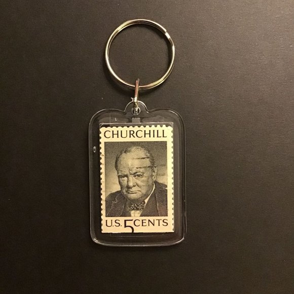 Churchill Keychain - Upcycled Recycled Postage Stamp Key Chain - Picture 1 of 9